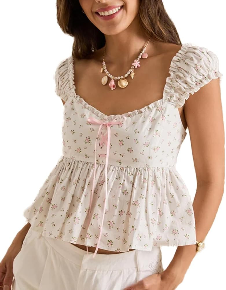 Womens Teen Girls Floral Babydoll Tank Top Sleeveless V Neck Smocked Back Peplum Shirt Cute Summer Going Out Tops | Amazon (US)