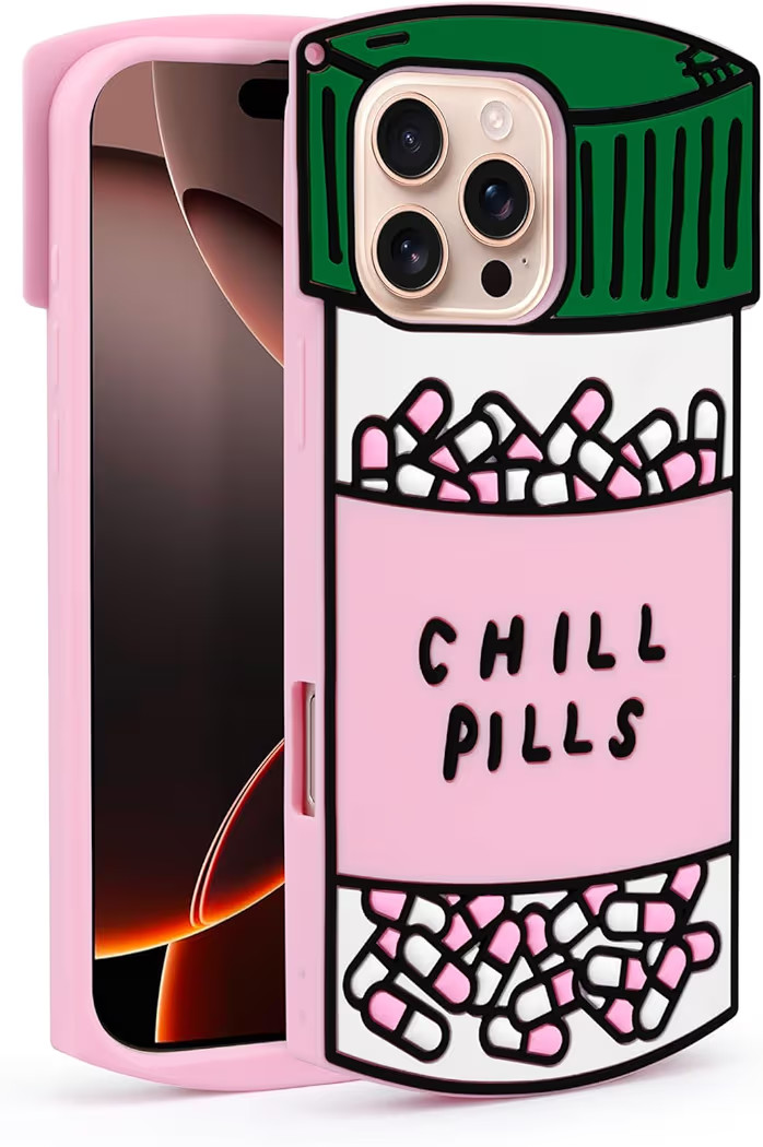 Cute Case Compatible with iPhone 16 Pro Chill Pills Case, Girly Capsule Bottle Shaped 3D Funny Soft Silicone Heavy Duty Protection Shockproof Cases for Girls Women Multicolor | Amazon (US)
