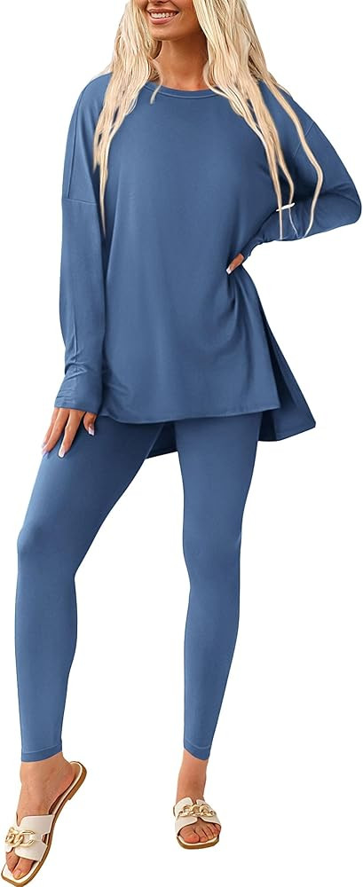 PRETTYGARDEN Women's 2 Piece Outfits Casual Long Sleeve Tunic Tops Legging Pants Matching Lounge ... | Amazon (US)