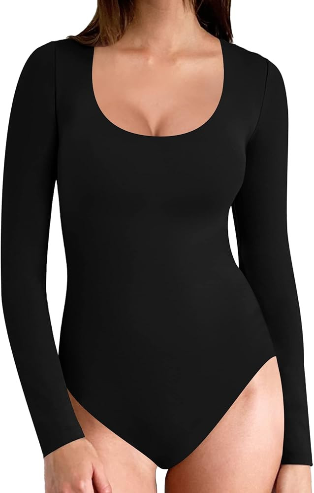 MANGOPOP Women's Scoop Neck Short Sleeve Long Sleeve Stretchy Basic Bodysuit Jumpsuits | Amazon (US)