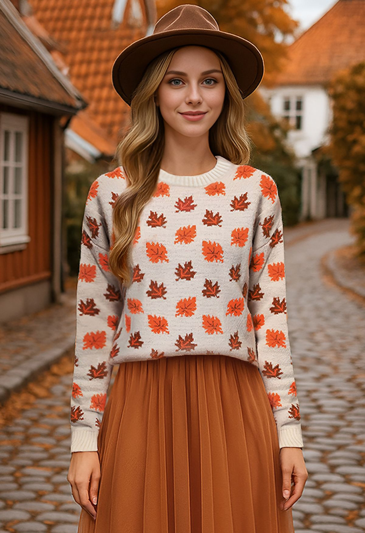 Maple Leaf Long Sleeves Oversized Knit Sweater in Ivory | Chicwish