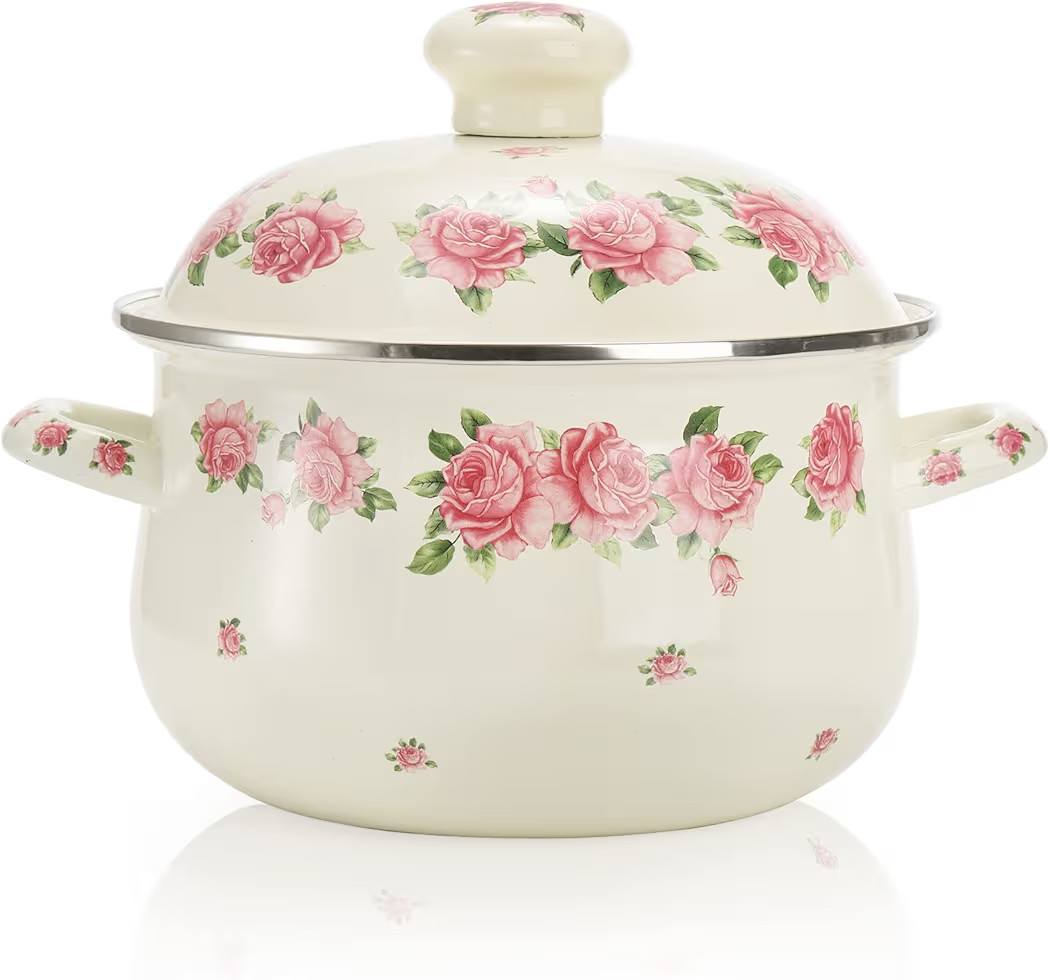 SOUJOY Enamel Stockpot with Lid, 2.8 Quart Retro Cooking Pot, Vintage Floral Stew Bean Simmer Pot... | Amazon (US)