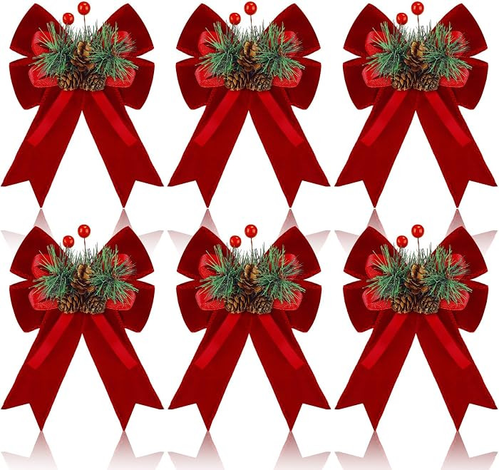 Syhood 6 Pcs Christmas Velvet Bow with Pine Cones Pine Needles Berries Xmas Wine Red Ribbon Bow O... | Amazon (US)
