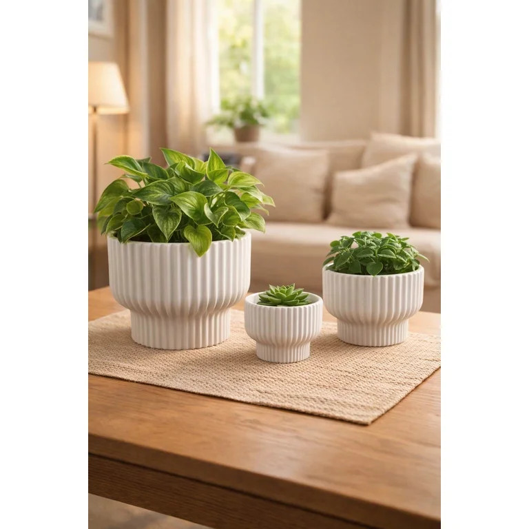 3-piece round White Ribbed durable melamine plastic planter pot | Walmart (US)