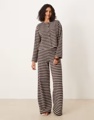 ASOS DESIGN brushed stripe button through long sleeve co ord top in chocolate | ASOS (Global)