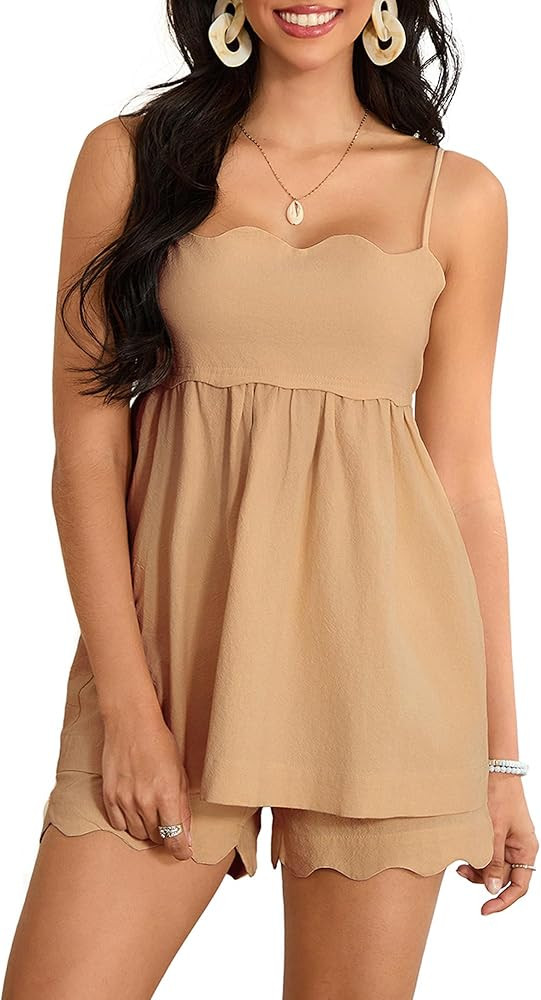 Women 2 Piece Outfits Summer Casual Sleeveless Scalloped Trim Cami Tank Tops with High Waist Shor... | Amazon (US)