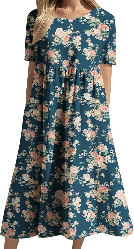 Floral Midi Dress for Women 2026 Spring Summer Trendy Graphic Short Sleeve Sundresses Baggy Beach... | Amazon (US)
