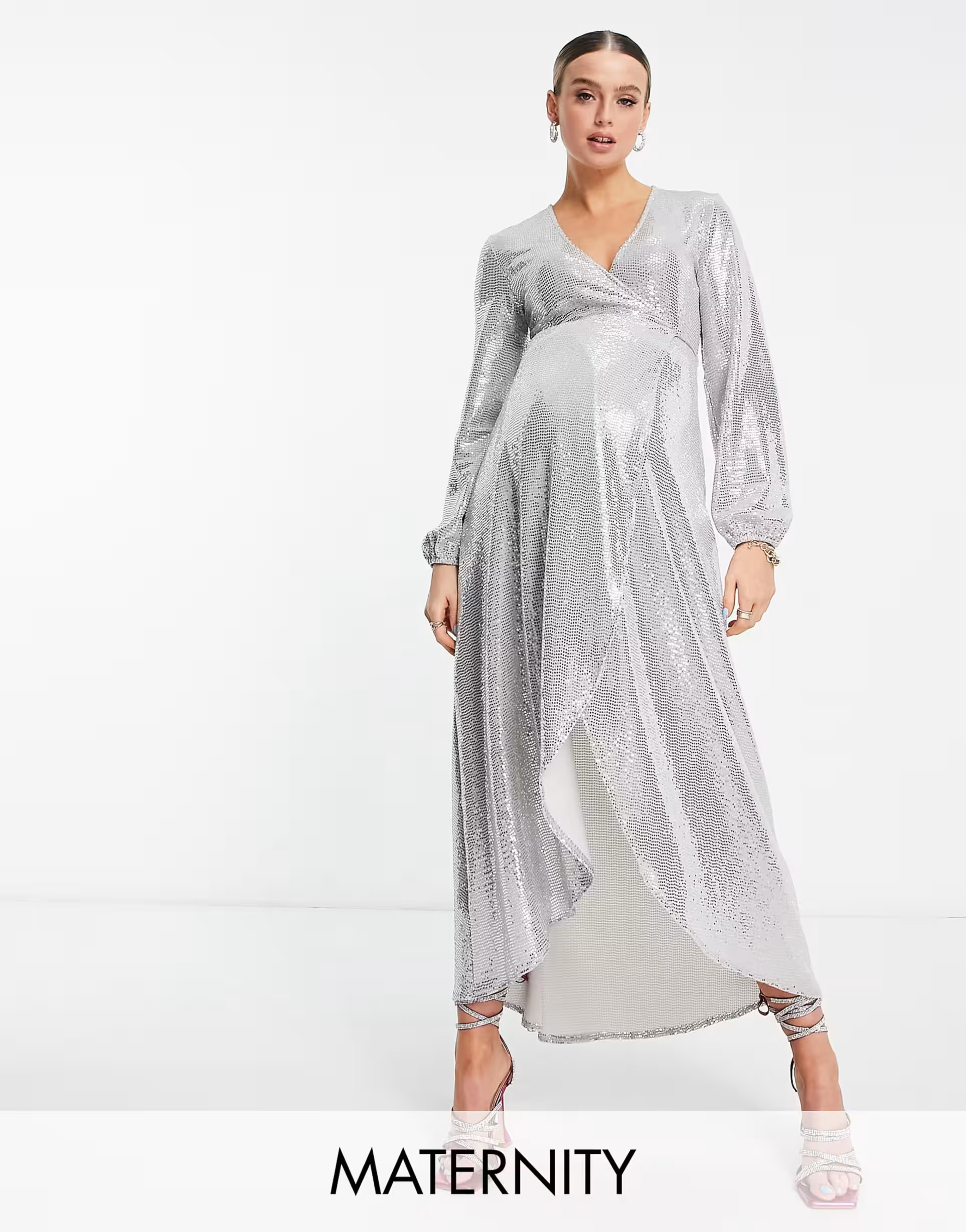 Flounce London Maternity - Vestito lungo avvolgente a maniche lunghe argento con paillettes | ASOS (Global)