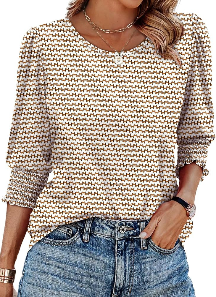 XIEERDUO Blouses for Women Dressy Casual 3/4 Length Sleeve Womens Tops with Smocked Cuffs | Amazon (US)