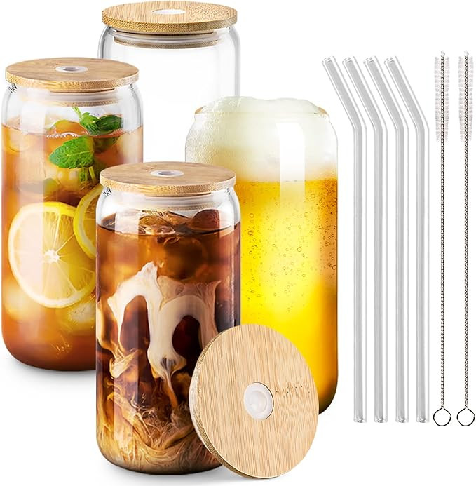 Combler Glass Cups with Lids and Straws, 16 oz Drinking Glasses Set of 4, Iced coffee Cup Coffee ... | Amazon (US)