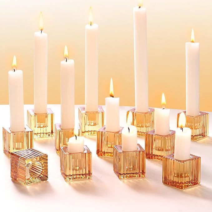 LETINE Amber Glass Candle Holder Set of 12 - Chic Cube Taper Candle Holders for Modern Wedding, B... | Amazon (US)