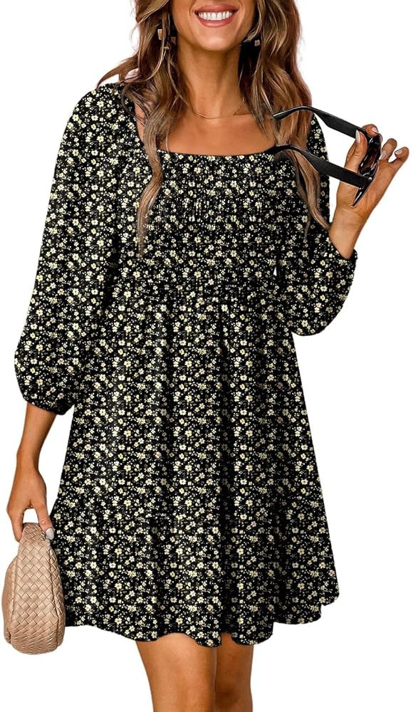 Dokotoo Summer Dresses for Women 2025 Boho Floral Square Neck Smocked 3/4 Sleeve Casual A-Line Sw... | Amazon (US)