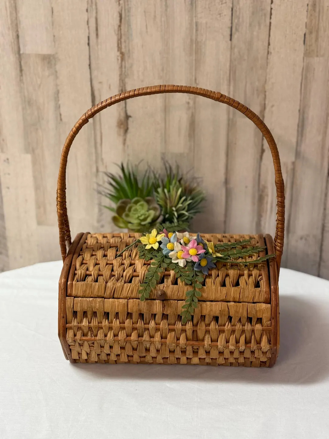 Vintage wicker basket purse with floral decorations | Etsy (US)