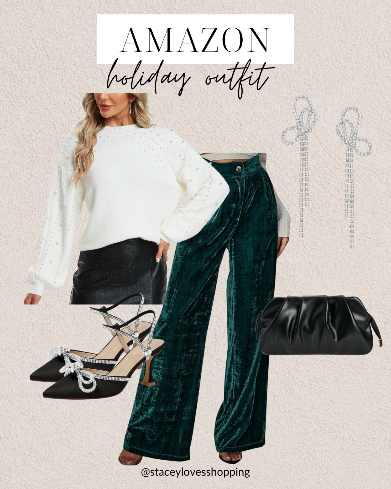 Holiday party outfit idea! Amazon velvet pants, embellished sweater, bow heels, black evening bag.



#LTKStyleTip #LTKOver40 #LTKHoliday
