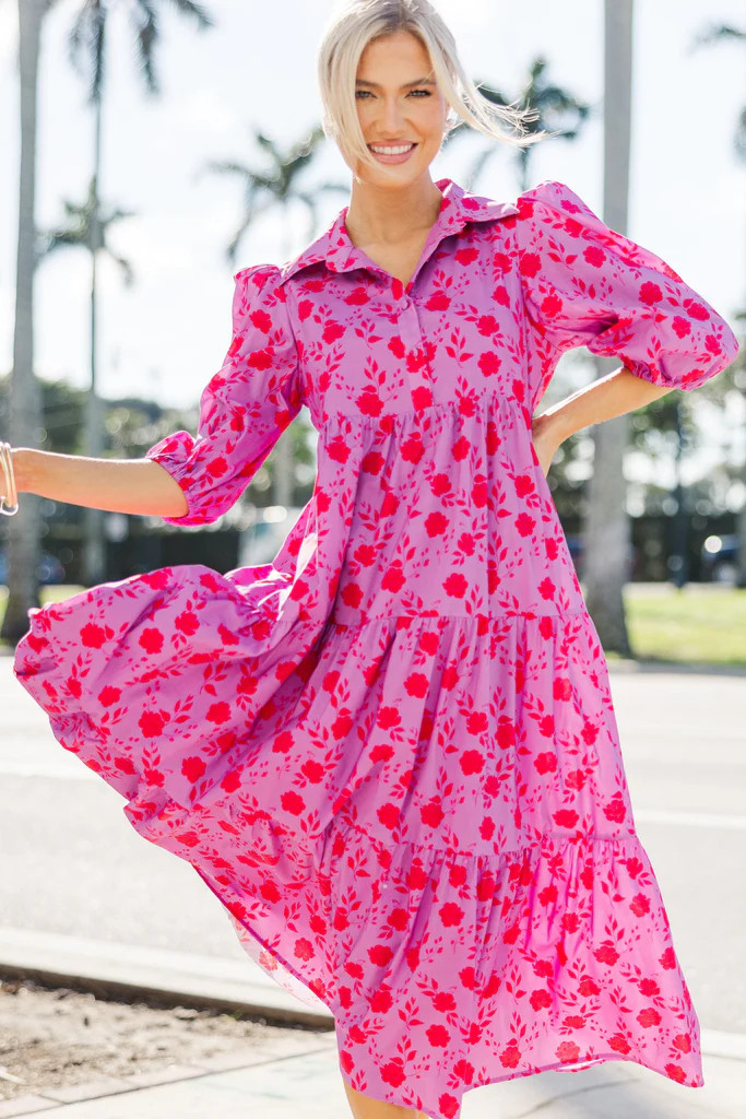 Love Found Fuchsia Pink Floral Tiered Midi Dress | The Mint Julep Boutique