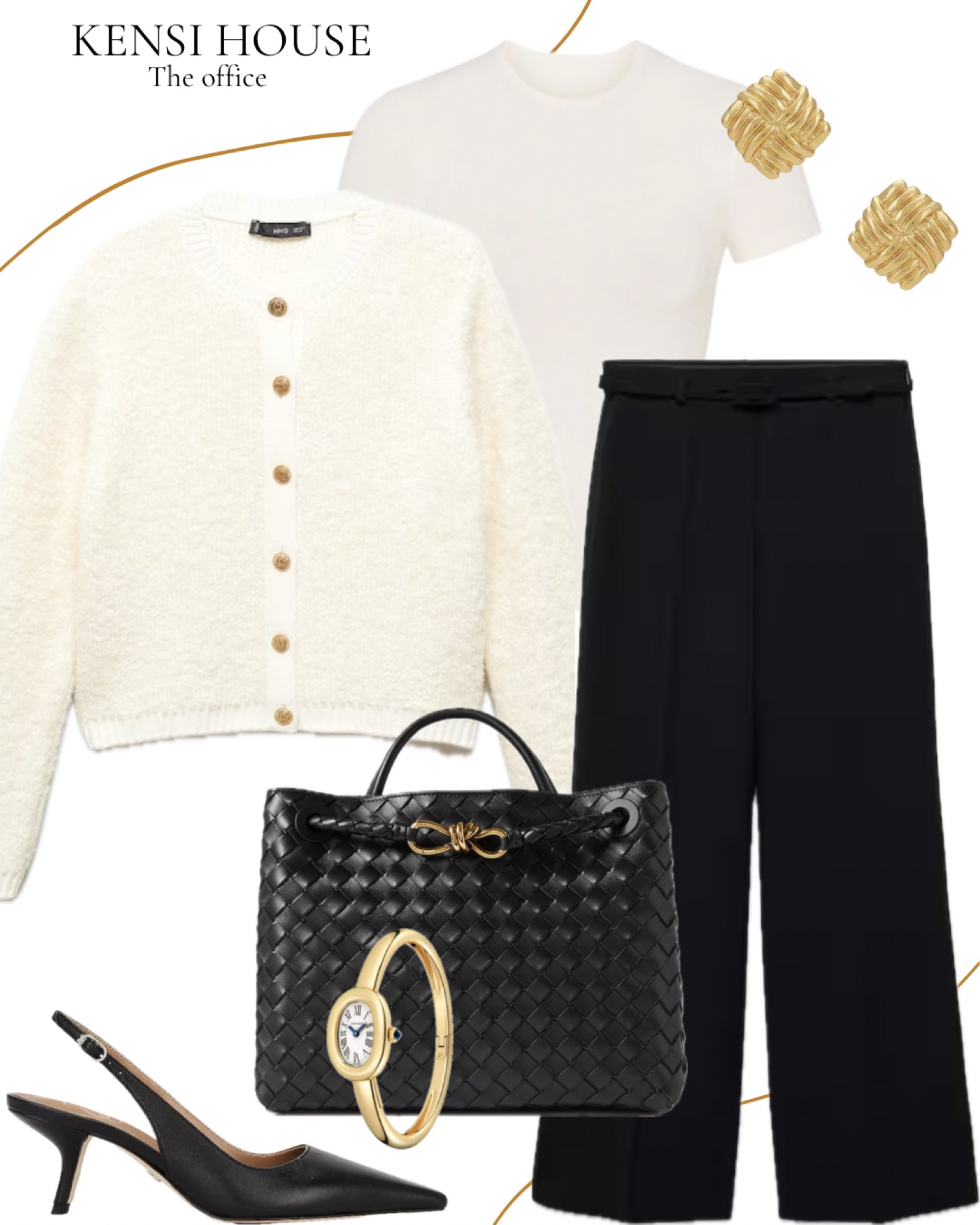 Transitional weather office outfit 
Ivory cardigan, ivory t shirt, black trousers, black tote bag, black slingbacks, gold earrings 

#LTKstyletip #LTKSeasonal