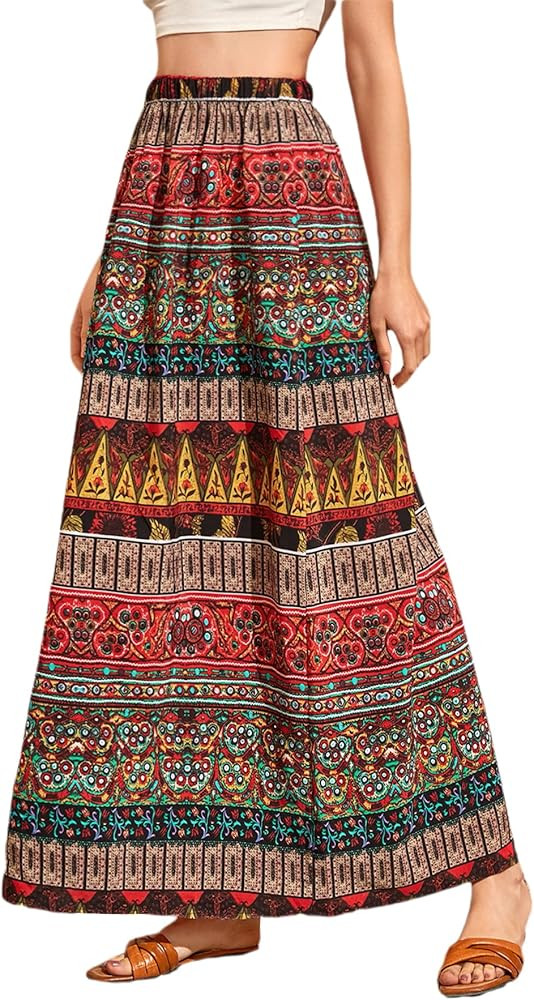 Milumia Women's Boho Vintage Print Pockets Side A Line Maxi Skirt | Amazon (US)