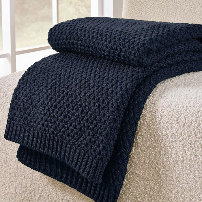 Navy Blue Throw Blanket, Sweater-Soft Moss Knit, 50" x 60" | Amazon (US)