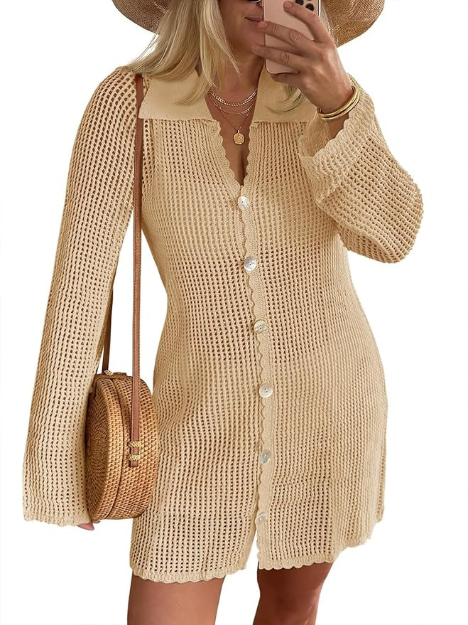 Saodimallsu Womens Crochet Swimsuit Coverup Button Down Long Sleeve Cardigan Mini Dress Beach Cov... | Amazon (US)