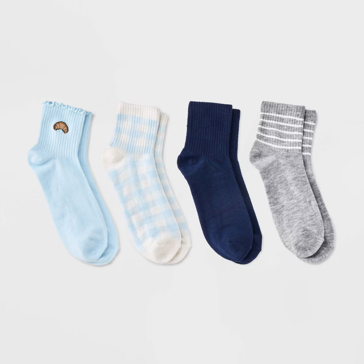 Women's Lettuce Edge Embroidered Croissant & Gingham Check 4pk Ribbed Ankle Socks - Blue/Heather ... | Target