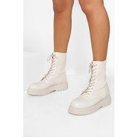 Womens Chunky Knit Detail Lace Up Hiker Boots - White - 3, White | Boohoo.com (UK & IE)