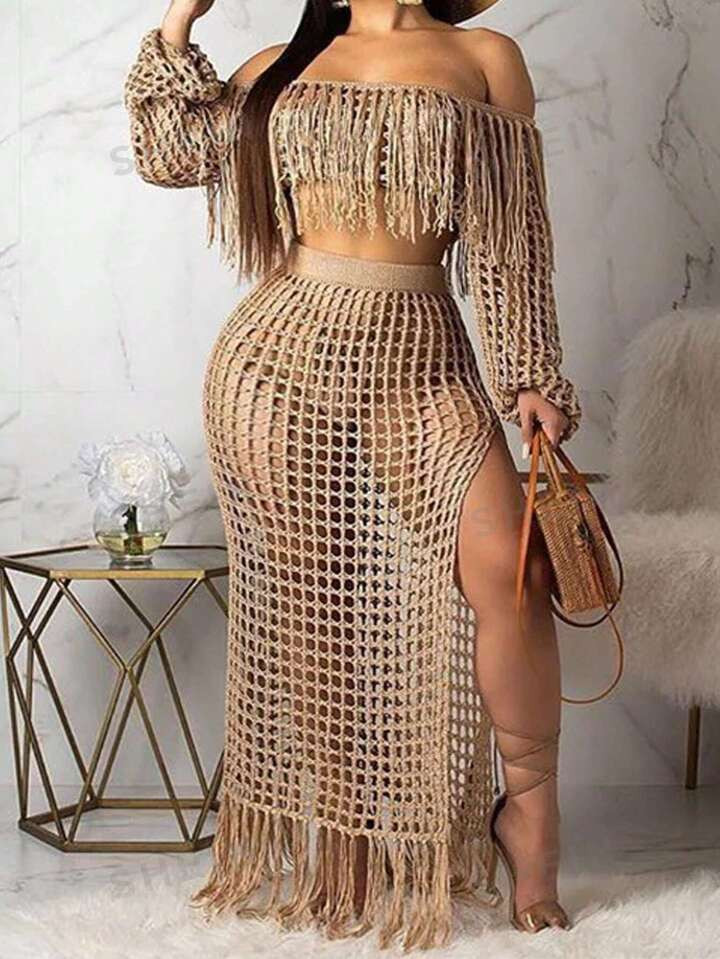 SHEIN Slayr Plus Size Women's Hollow Out Tassel Knitted Skirt With High Slit For Vacation | SHEIN