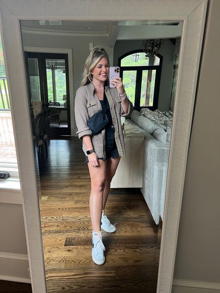 OOTD! 
•Free people waffle button down dupe. So cute & comfy! TTS - M (slightly oversized) 
•My fave Black denim shorts - sized up 1 to the 10 for a comfy fit 
•Lululemon everywhere belt bag dupe. 
•Nike high top blazer sneakers sized up 1/2. So comfy!  

#LTKunder50 #LTKsalealert #LTKshoecrush