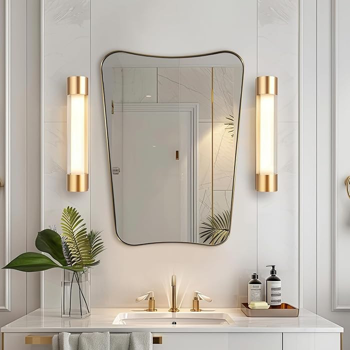 ANDY STAR Gold Vanity Mirror, 22x30 Inch Brushed Gold Bathroom Mirror, Antique Brass Asymmetrical... | Amazon (US)
