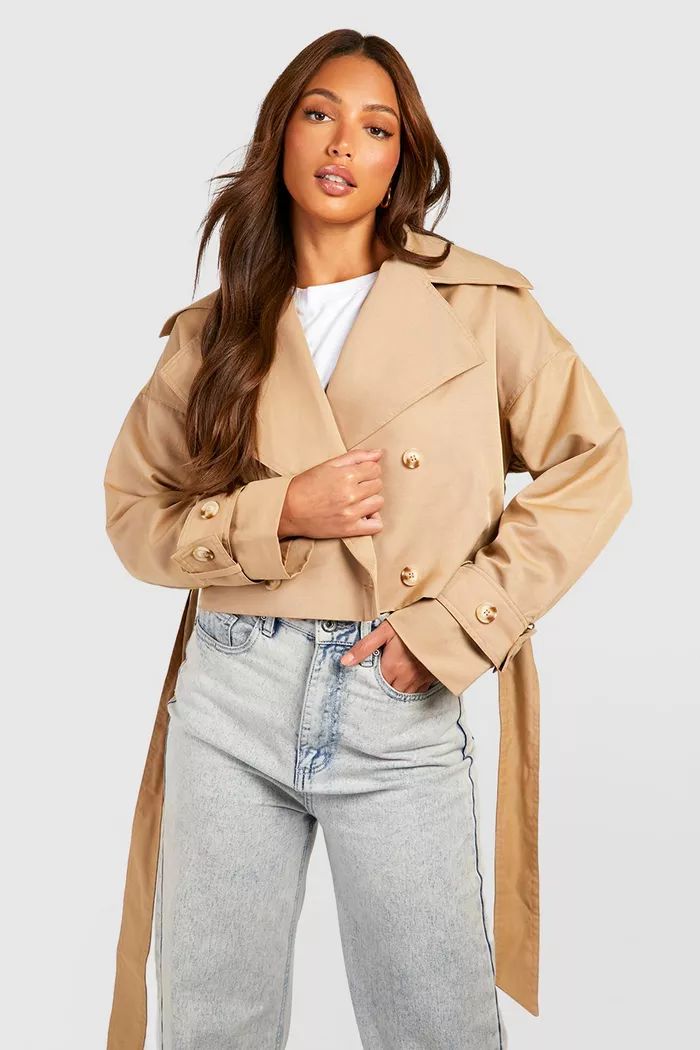 Tall Crop Oversized Belted Trench Coat | boohoo (US & Canada)