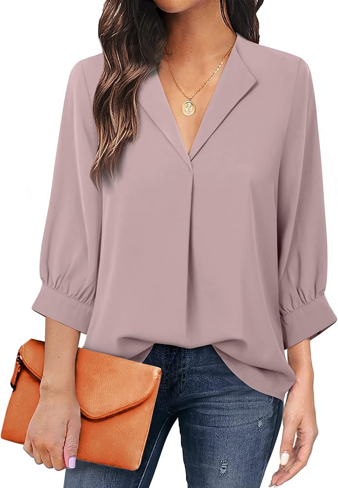 Unixseque Women's Casual Chiffon V Neck 3/4 Sleeve Business Tops Loose Work Blouses | Amazon (US)