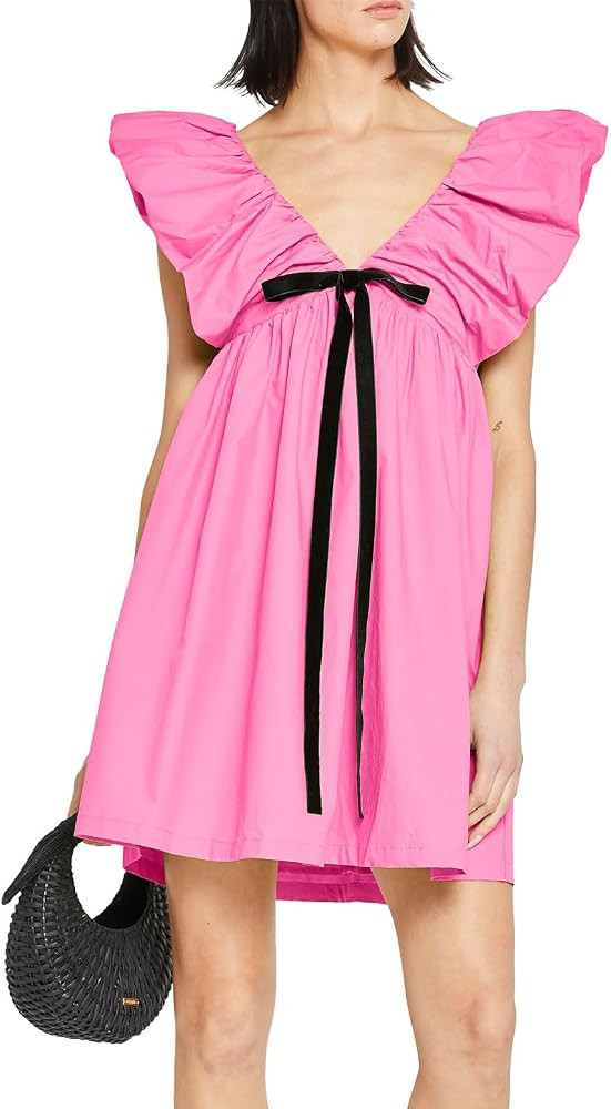 hibshaby Women's Floral Print Mini Dress V Neck Puff Sleeve Dress Short Babydoll Bow Dress | Amazon (US)