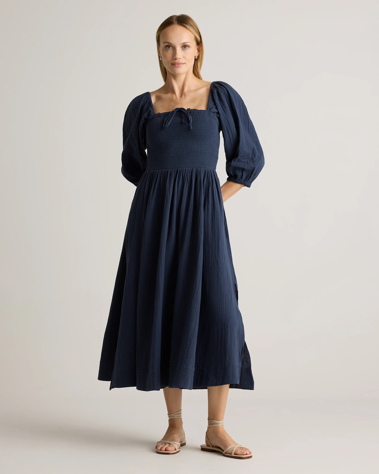100% Organic Cotton Gauze Smocked Square Neck Midi Dress in Indigo Blue | Quince