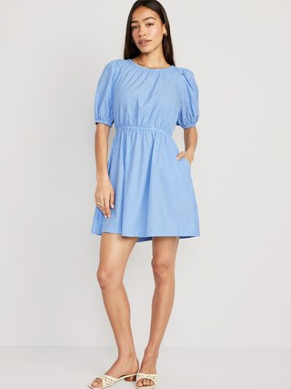 Waist-Defined Puff-Sleeve Striped Cotton-Poplin Mini Dress for Women | Old Navy (US)