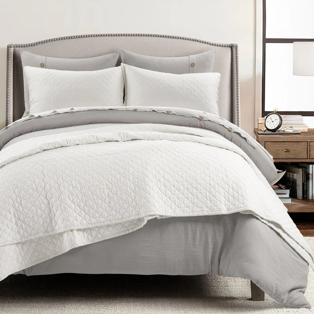 Belgian Flax Linen Rich Cotton Blend Quilt 3 Piece Set | Lush Decor