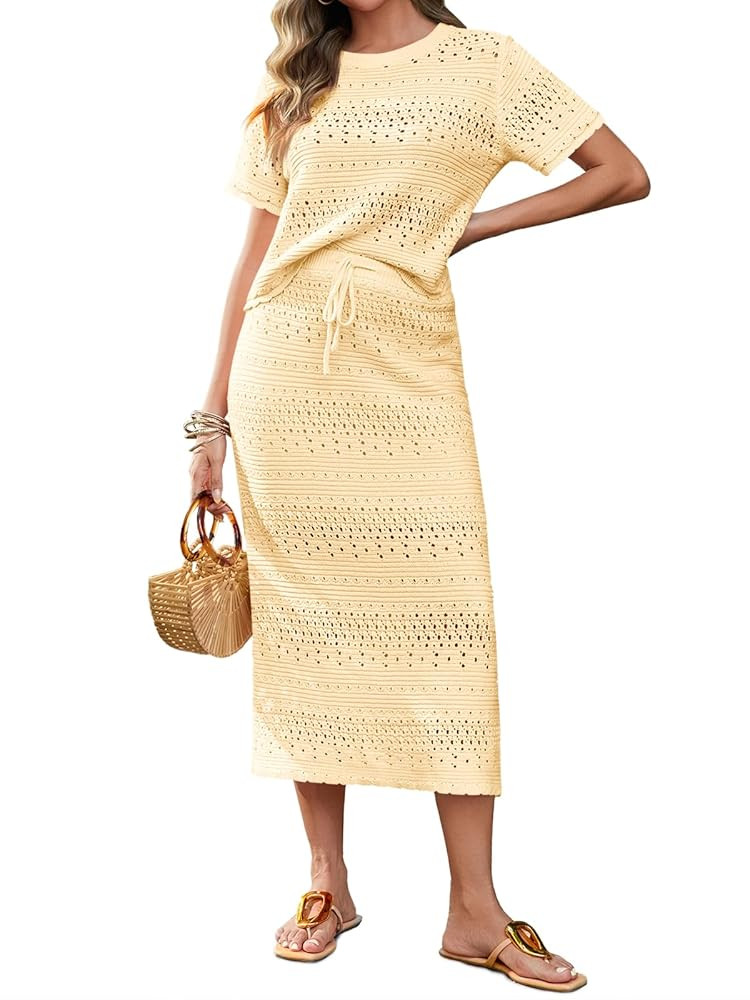 Tankaneo Womens Crochet Cover Up 2 Piece Skirt Sets Short Sleeve Knit Top Midi Skirt Vacation Tra... | Amazon (US)
