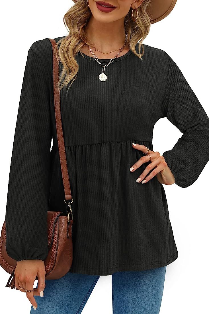 WIHOLL Long Sleeve Shirts for Women Dressy Babydoll Casual Peplum Tops Crewneck Tunics | Amazon (US)