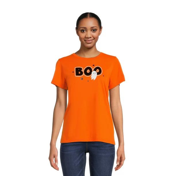 Women's Halloween Boo Ghost Graphic Tee, Fall Short Sleeve T Shirt from Way to Celebrate, Sizes S... | Walmart (US)