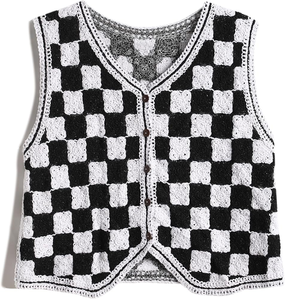 Women's Crop Crochet Vest Top Summer Button V Neck Embroidered Knit Sleeveless Sweater Vest | Amazon (US)