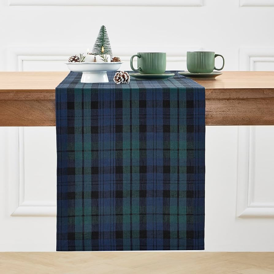 Solino Home Linen Table Runner 72 Inches Long - 100% Pure Linen Blackwatch Blue and Green Plaid T... | Amazon (US)