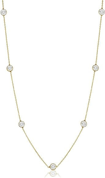 NYC Sterling Women Gold Plated Sterling Silver 3MM Round Cubic Zirconia Station Necklace | Amazon (US)
