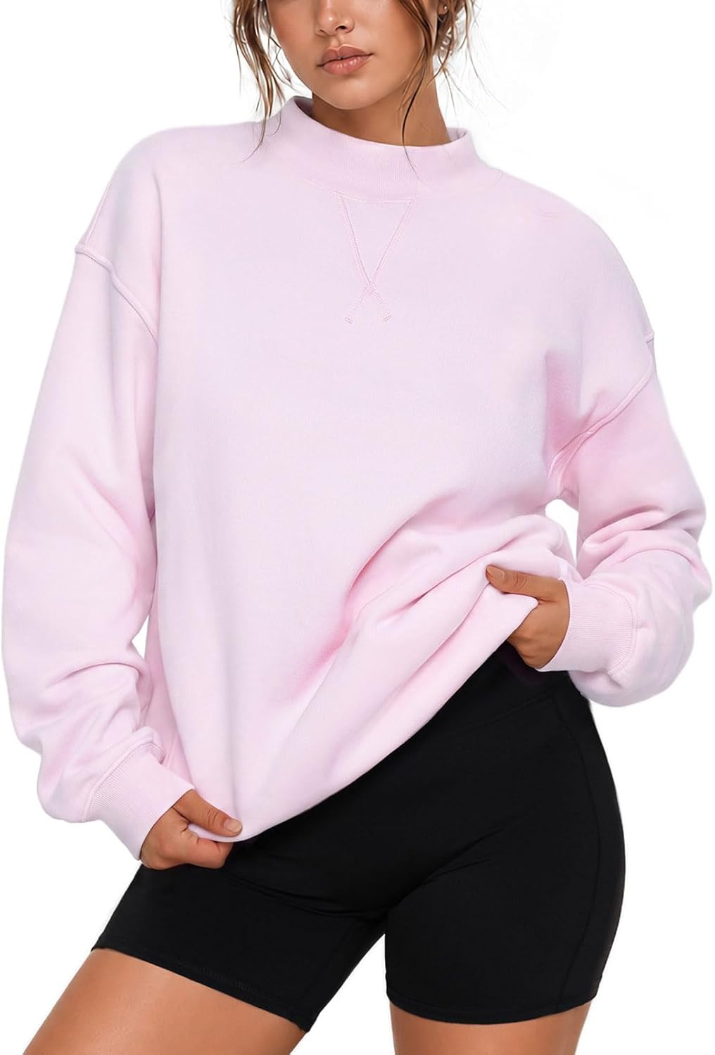 SUUKSESS Women Cotton Mock Neck Sweatshirts Oversized Long Sleeve Pullover | Amazon (US)