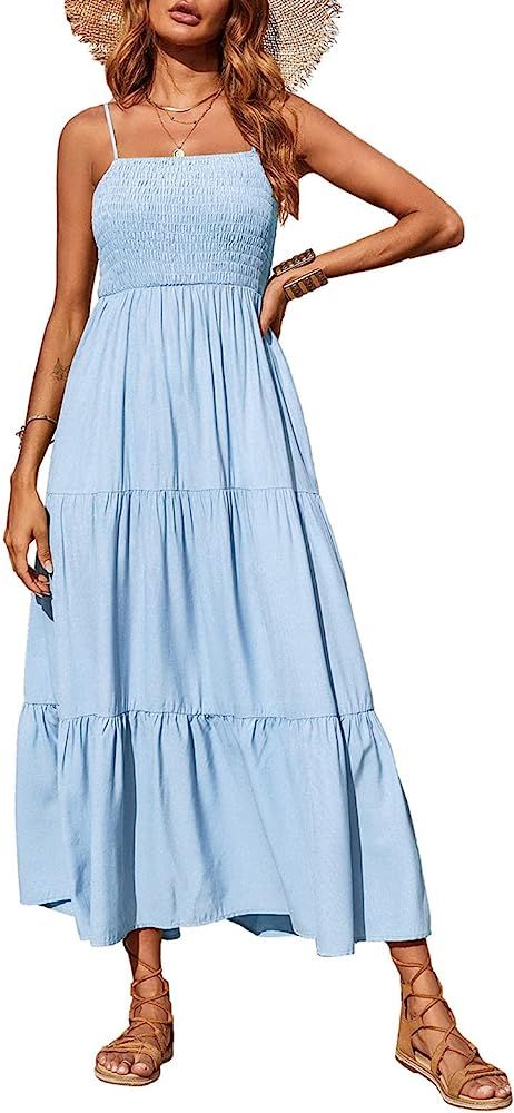 PRETTYGARDEN Women's Summer Maxi Dress Casual Boho Sleeveless Spaghetti Strap Smocked Tiered Long... | Amazon (US)