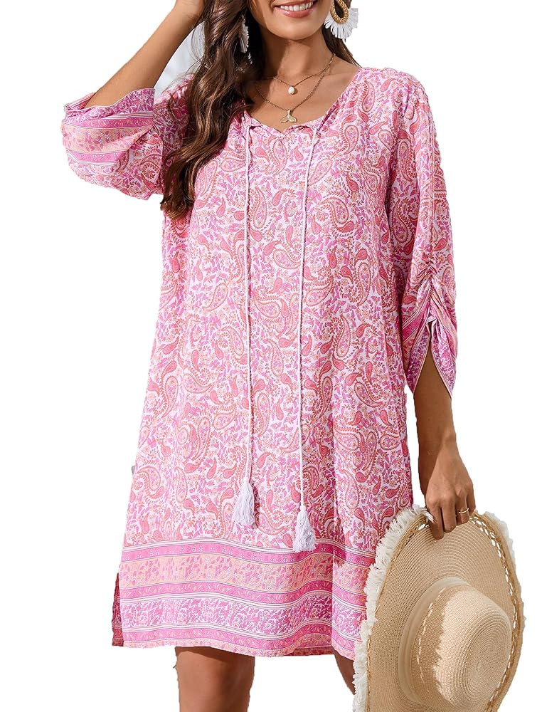 Zeagoo Womens Boho Dresses Casual Beach Summer Dress Tassel Tie Neck 3/4 Long Sleeve Mini Sundres... | Amazon (US)