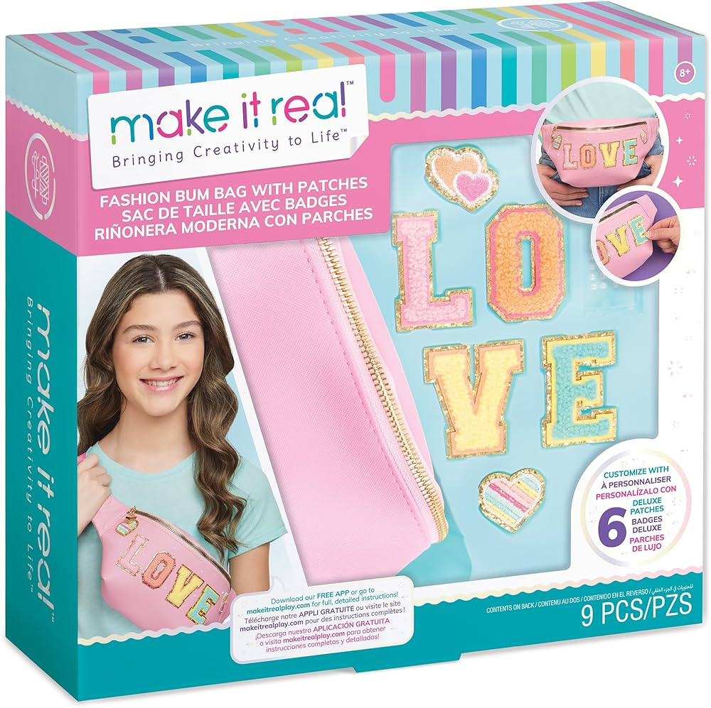 Make It Real: Fashion Bum Bag with Patches - 9 pcs, Pink Zipper Bag with Rainbow Band, DIY Custom... | Amazon (US)
