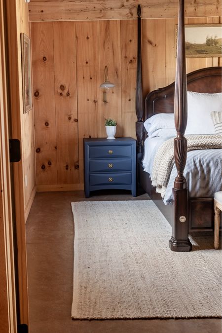 Primary bedroom with post bed, jute rug, rugs USA, blue and white stripe duvet, blue nightstand, Amazon home 

#LTKSeasonal #LTKhome #LTKfindsunder50