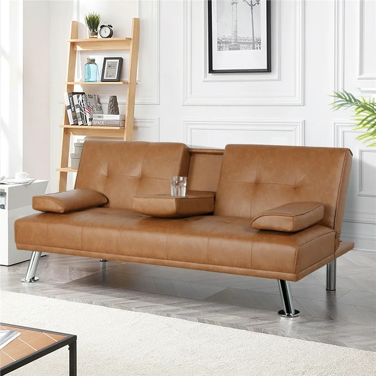 Alden Design Modern Faux Leather Reclining Futon with Cupholders and Pillows, Brown | Walmart (US)