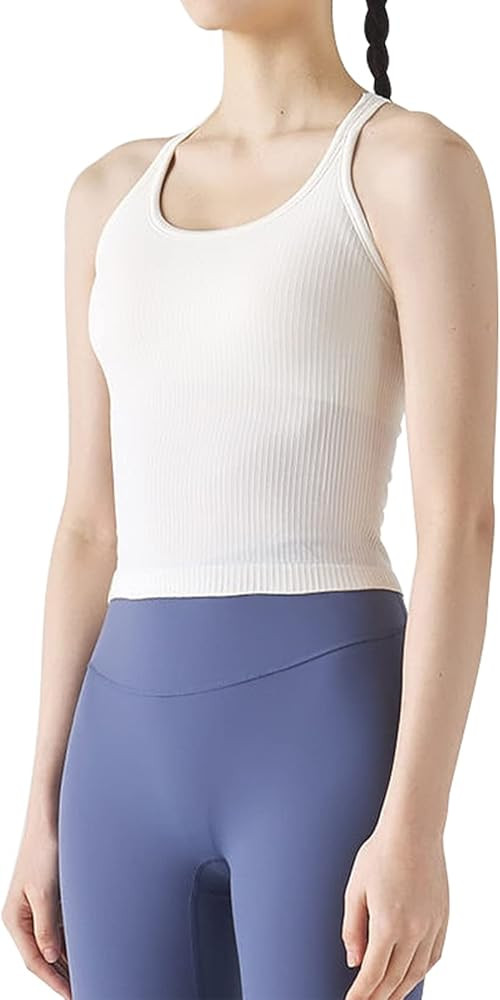 Ribbed Workout Short Racerback Tank Tops for Women with Built in Bra | Amazon (US)