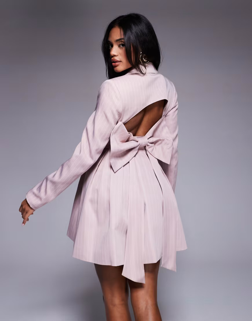 ASOS LUXE tailored blazer dress with bow back in pink pinstripe | ASOS (Global)