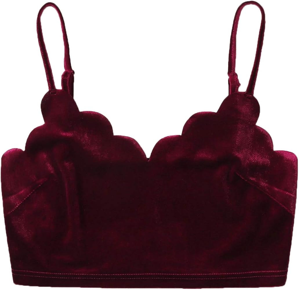 SheIn Women's Casual V Neck Scallop Trim Strappy Velvet Crop Cami Tank Sleeveless Top | Amazon (US)
