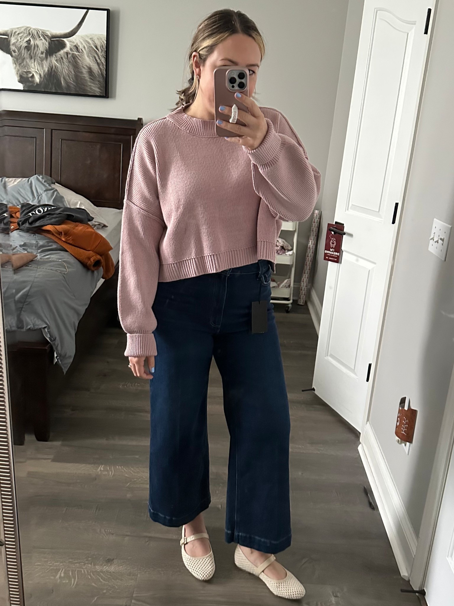 Trendy spring look! Crop sweater, wide leg jeans and Mary Jane flats. Office casual / weekend look 

#LTKStyleTip #LTKFindsUnder100 #LTKFindsUnder50